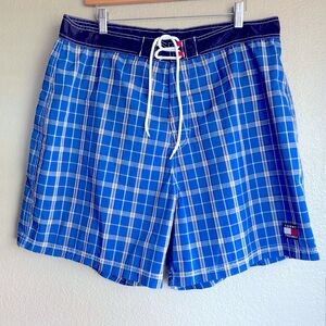 TOMMY HILFIGER‎ Vintage Y2K Men’s Swim Trunks | Royal & Yellow Plaid | XL